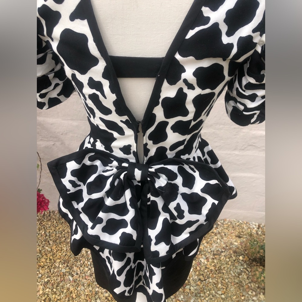 Vintage Peplum ruffle and bow low back cow print peplum dress puff sleeve - Picture 4 of 16
